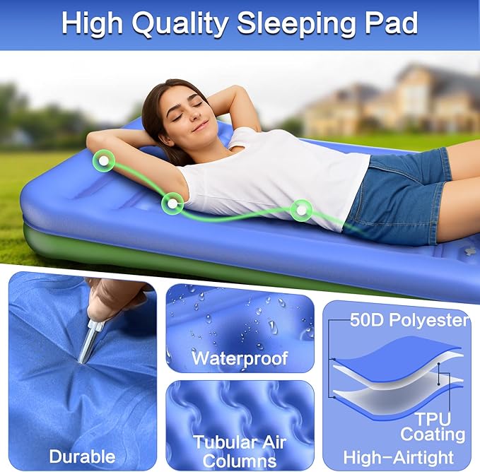 Double Sleeping Pad for Camping, Extra Thick 5 Inch Self-Inflating 2 Person Camping Mattress,with Built-In Foot Pump, Insulated Inflatable Trampoline Mat for Backpacking, Hiking, Tents & Winter