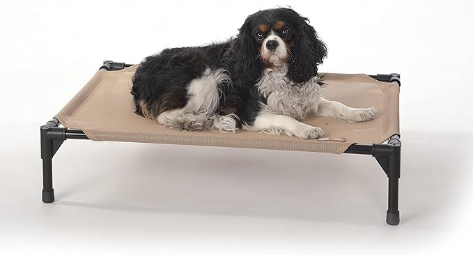 K&H Outdoor Elevated Dog Bed - Cooling Raised Dog Bed for Small & Medium Pets, Breathable Mesh Hammock Design, Indoor/Outdoor Washable Cover, Portable Metal Frame, Tan, Medium 32x25in