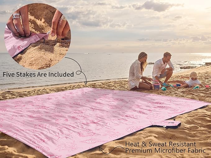 WEKAPO Beach Blanket Waterproof Sandproof Oversized, Extra Large Beach Mat Sand Free, Lightweight & Compact Sand Free Mat with 5 Stakes & 4 Corner Pockets