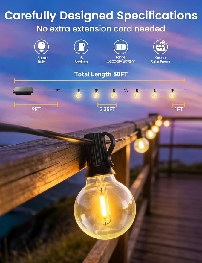 Brightever 50FT Solar String Lights Outdoor with Remote, 18+1 LED Shatterproof G40 Bulbs, 3 Lighting Modes & Timable, Waterproof Dimmable Solar Power Patio Lights for Camping, Backyard, Party
