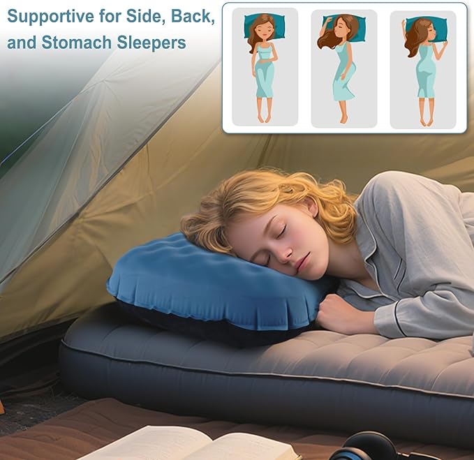 UWILLION Camping Pillow with Ice Silk Memory Foam Cover - Ultralight Inflatable Pillow for Camping Lightweight, Ergonomic and Washable for Camping, Hiking, and Travel Blue