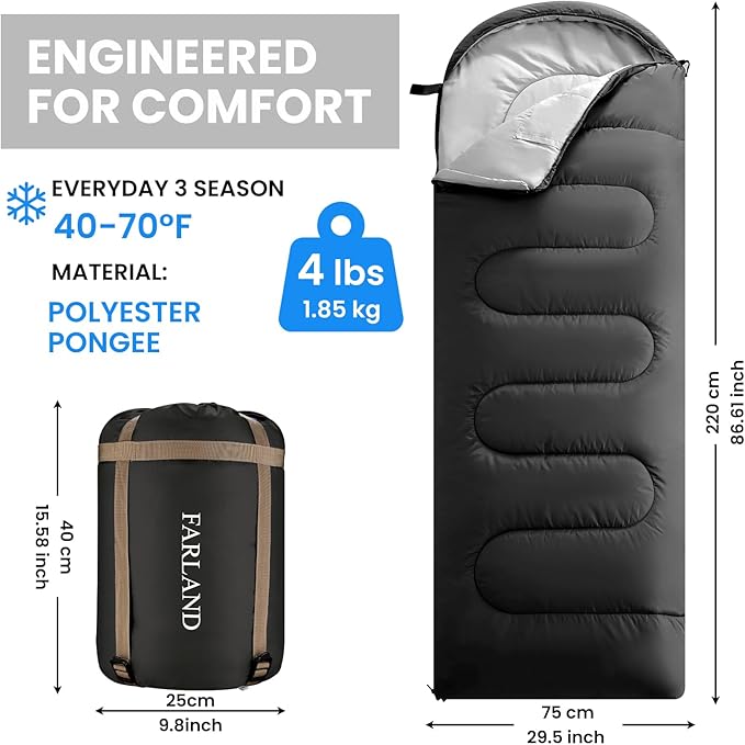 FARLAND Sleeping Bags for Adults Teens Kids with Compression Sack Portable and Lightweight for 3-4 Season Camping, Hiking,Waterproof, Backpacking and Outdoors