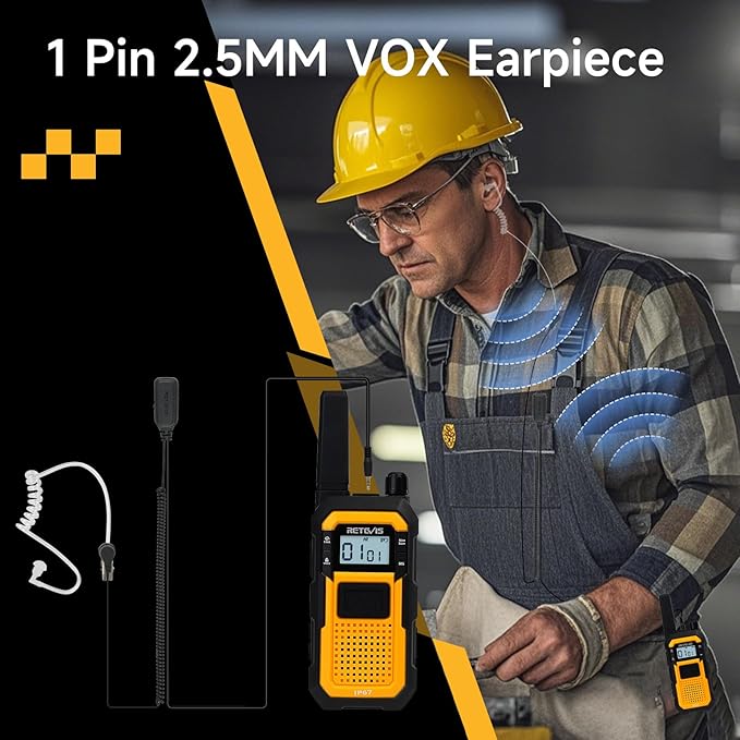 Retevis RB48 Heavy Duty Walkie Talkies with Earpiece, Support VOX, MIL-STD 810H,IP67 Waterproof Walkie Talkies Rechargeable, USB-C, 2000mAh, Dual PTT, Business 2 Way Radios(6 Pack)
