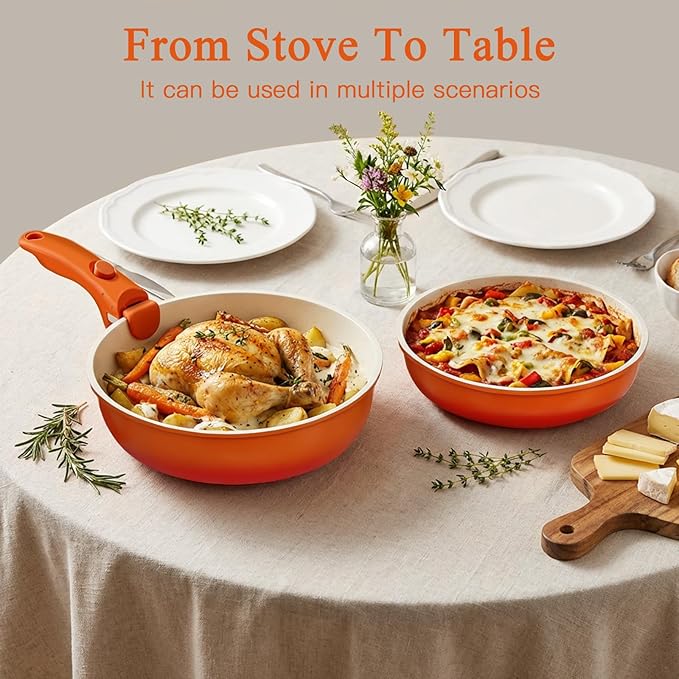 GiPP 5PCS Pots and Pans Set Non Stick, Nonstick Cookware Set Detachable Handle, Ceramic Pots for Cooking Non Stick with Removable Handle, RV Cookware Set for All Stoves, Orange Gradien