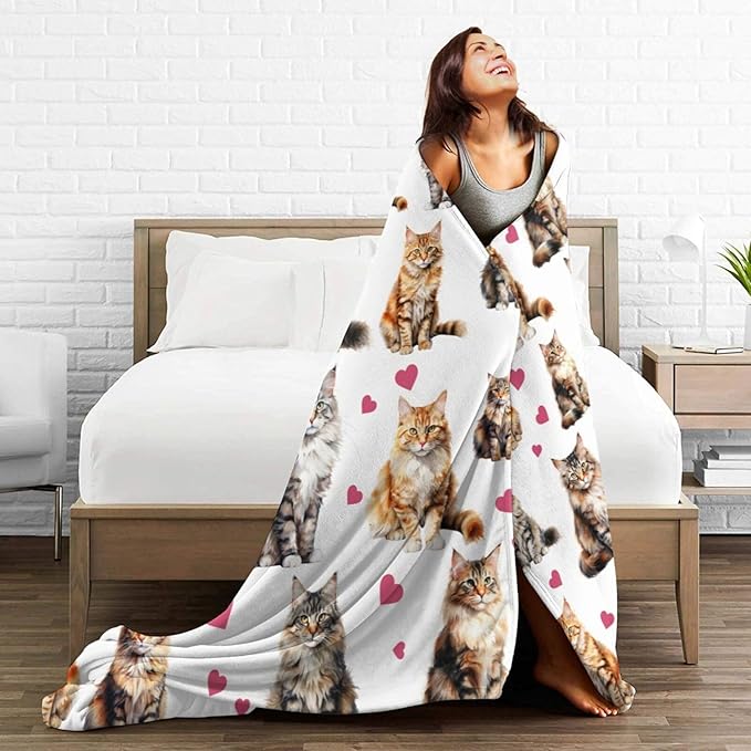 Cat Blanket Soft Cute Kitten Maine Coon Plush Throw Blanket Warm Flannel Fleece Bedding Stuff Animal Decor Blanket Gifts for Cat Lover Girls Boys Kids Adults Women 50"x60"