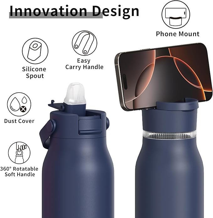 LISI 40oz Insulated Water Bottle, Double Wall Stainless Steel Water Bottles with Straw, 100% Leak-Proof Travel Thermal Canteen Mug with 2 Lids (Straw, Phone Holder Lid)