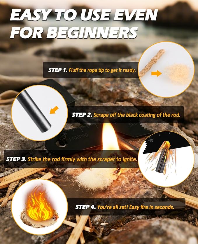Fire Starter Kit 5 in 1 Survival Gear, Flint and Steel Fire Starter Kit with Ferro Rod, Emergency Whistle, Credit Card Multitool, Compass & Waterproof Tinder for Outdoor, Camping, Hiking, Gift for Men