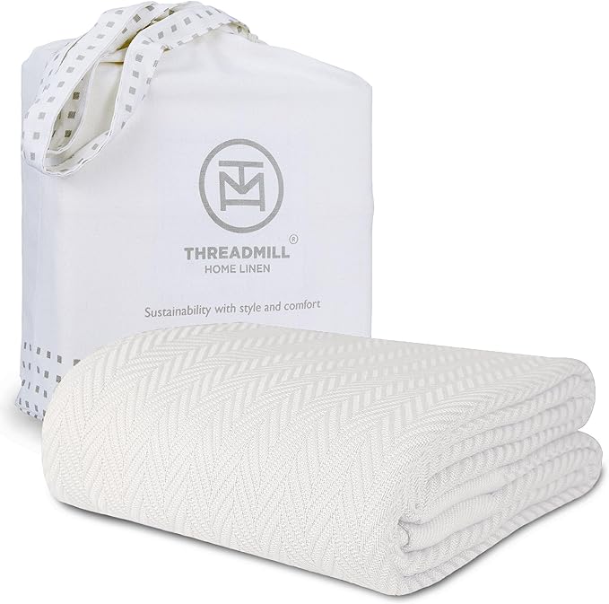 Threadmill Luxury Cotton Blankets for Twin Size Bed | All-Season 100% Cotton Twin Blanket for Bed | Herringbone Soft & Cozy Fall Thermal Blanket, 350GSM, 68x92 inches | Tusk White