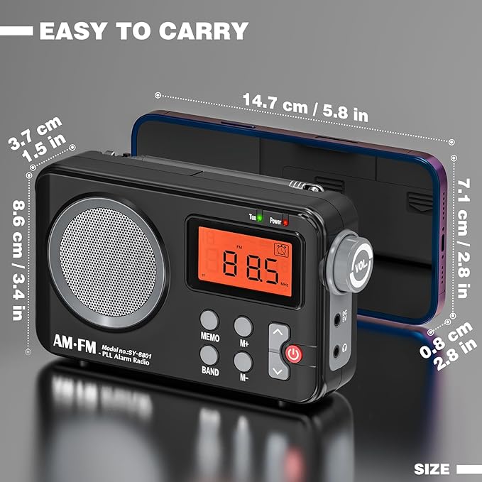 Goodes Portable AM FM Radio, Transistor Radio with Large Display, Alarm Clock, Sleep Timer and Headphone Jack, 4AA Battery Operated or Plug in Wall, for Home, Outdoor, Emergency