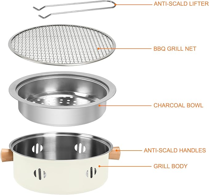Portable Charcoal Barbecue Grill, 1pc Mini BBQ Grill Multifunctional Charcoal Grill Round Tabletop Charcoal Grill for Outdoor Cooking Home Party Picnic Camping (Beige)