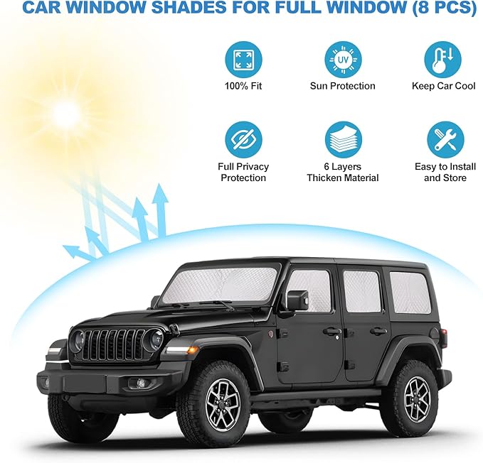 XCBYT 2019-2024 Wrangler Full Coverage Window Shades | 6-Layer Blackout Insulated Sun & UV Protection | Custom Fit Privacy Covers for Camping, Sleeping & Car Living (8 PCS)