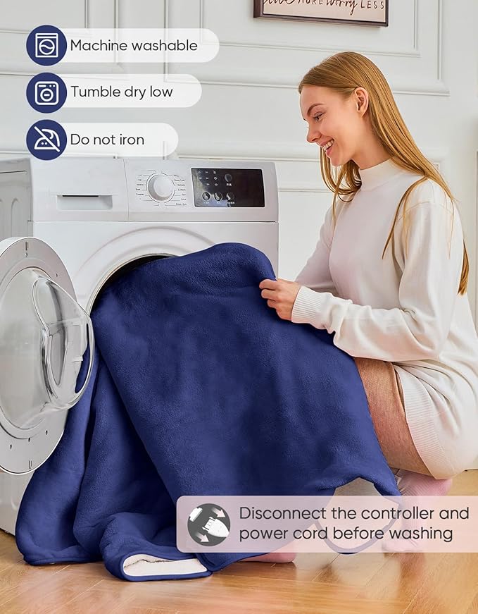 12V/24V Heated Car Blanket, Machine Washable Electric Blanket, Flannel Heating Throw for Car, SUV, RV Camping, 60" x 44", Hi/M/Lo Heating Settings, 30/45/60 Min Auto-Off Timer,Navy Blue