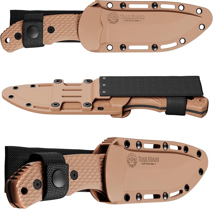 Off-Grid Gear TRAILGUARD Camping & Tactical Fixed Blade Knife, Stainless Steel Blade, Grippy FRN Scales, Sheath, Built For Campers, Preppers, Hunters, Fishermen, Survivalists, Handymen, Boaters, Bug Out Bag (Rustic Canyon)