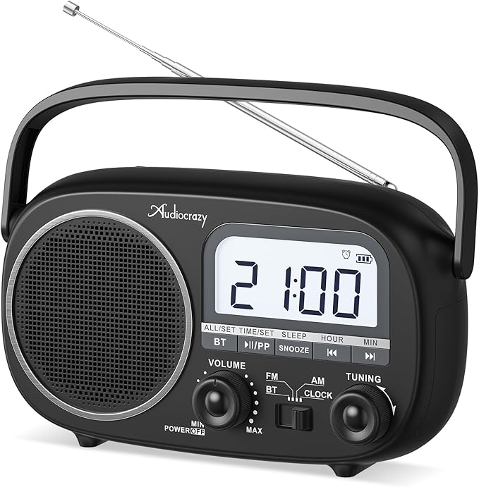 Portable Radio AM FM with Bluetooth,Built-in Rechargeable Battery/Plug in Wall/4*D Cell Battery Operated, Digital Time Display, Transistor Radio for Home,Outdoor,Gift,Seniors Space Black