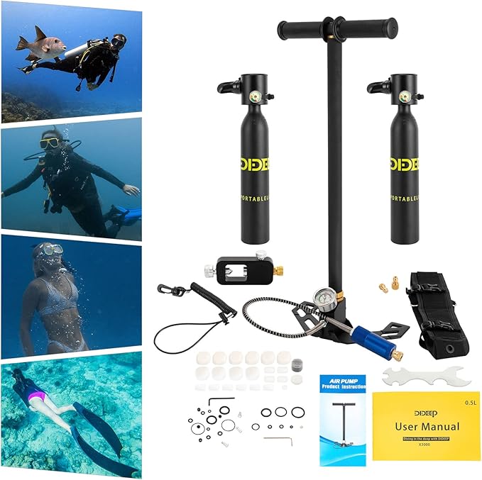0.5L Mini Scuba Set, Scuba Diving Tank with Pump for Underwater Breathing, Portable Lung Air Tank Diving Oxygen Cylinder Kit, Reusable Scuba Diving Kit Gear for Emergency Rescue Boat Cleaning