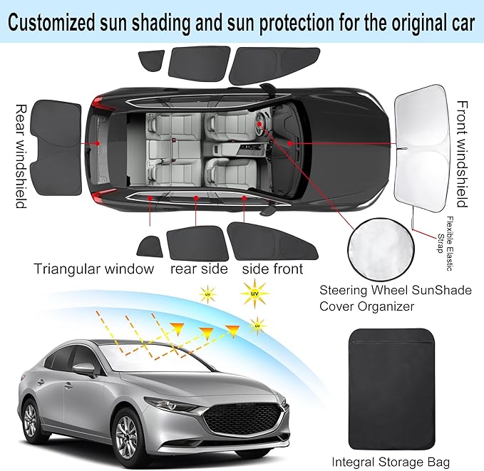 8PCS Windshield Sun Shade Custom Fit for 2019-2024 2025 Mazda 3 Accessories Foldable Sunshade Side Rear Window Shade Cover Full Set Privacy Protection Keeps Car Cool