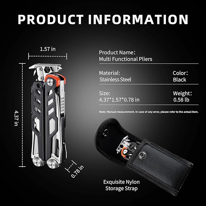 23-in-1 Multitool Pliers with Scissors,Wire Cutters,Window Breaker,Flint,Saw Screwdrivers,Bottle Opener,Carrying Pouch,High-carbon Steel Multi Tool for Camping Survival and Gift (Black And Silver)