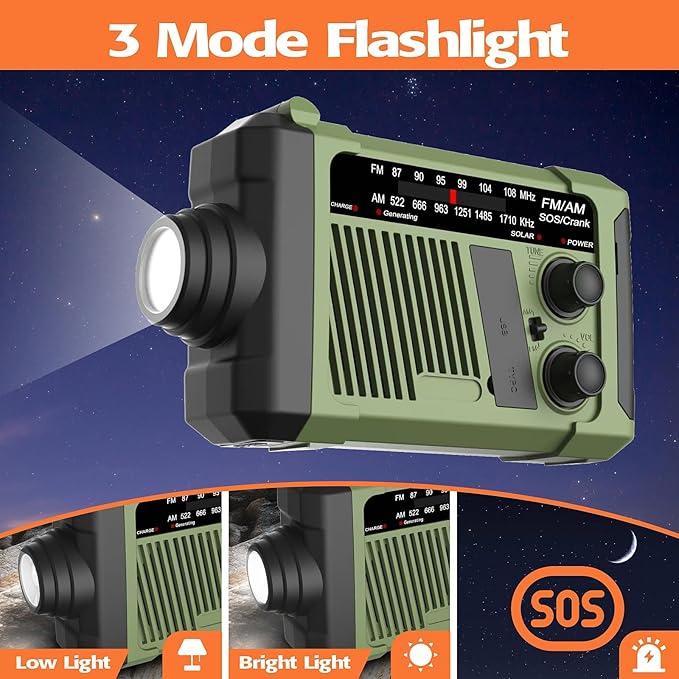 Emergency Hand Crank Solar Radio - AM/FM/WB NOAA Weather Radio with 1800mWh Battery, 3W Flashlight & Reading Lamp, SOS Alarm, Portable for Phone Charging (Green)