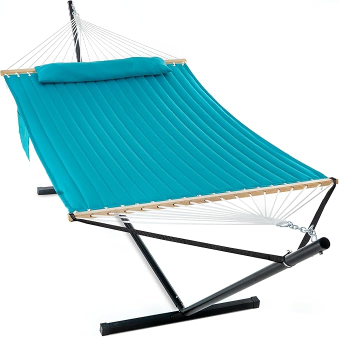 GAFETE 2 Person Hammock with Stand for Outside, Heavy Duty Steel Stand, Double 55inch Hammocks, Large Removable Pillow, Storage Bags, Max 475 lbs Capacity (Lake Aqua)