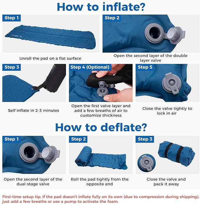 ATEPA Self-Inflating Sleeping Pad, Compact Foam Camping Pad with 3cm High-Resilience 4-Side-Compression Sponge, Lightweight & Portable Mat for Backpacking, Hiking, Camping, Blue