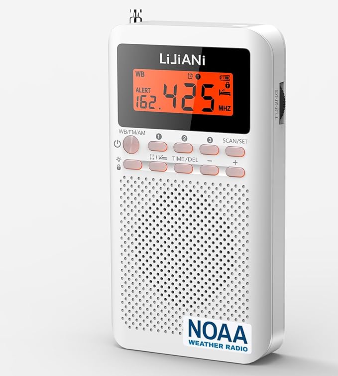 Pocket Weather Radio NOAA/AM/FM Powered by 2 AA Emergency Portable Transistor with LCD Display Digital Alarm Clock Sleep Timer, Best Reception Longest Lasting,Built in Speaker,Button Backlight Design