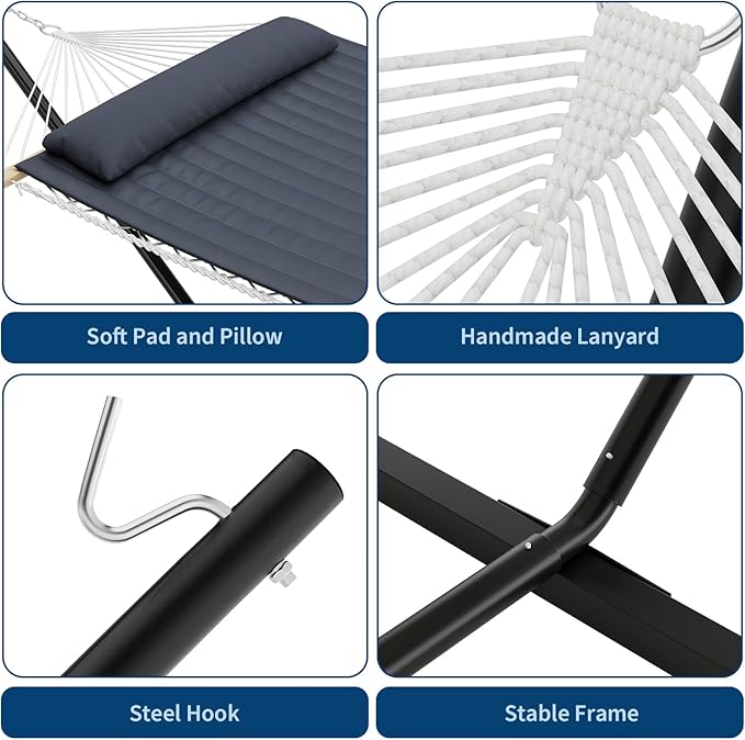 TrailBlaze Double Hammock with Stand – Heavy-Duty 2-Person Portable Rope Hammock, 350 lbs Capacity, Includes Comfort Pad & Pillow, Easy Assembly, for Outdoor and Indoor Use - Dark Grey