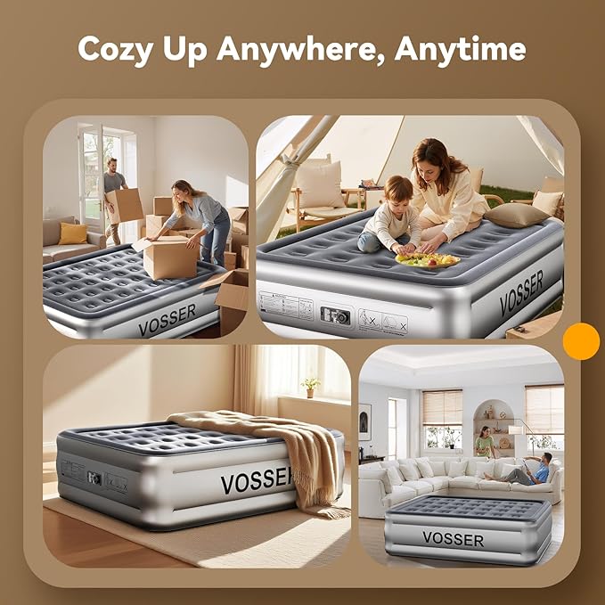 VOSSER Air Mattress Full with Built in Pump,18’’Blow Up Mattress,Self Inflatable Mattress in 3 Mins,Portable Air Bed for Camping,Floor&Travel,Full Size Air Mattress for Adults 660LB Max,Silver