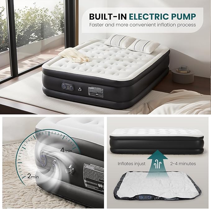 DUMOS Queen Air Mattress - 18" Inflatable Blow Up Airbed with Built-in High Capacity Pump, Double Height, Non-Slip Bottom Design, Weight Capacity 660 lbs Air Bed for Home or Camping