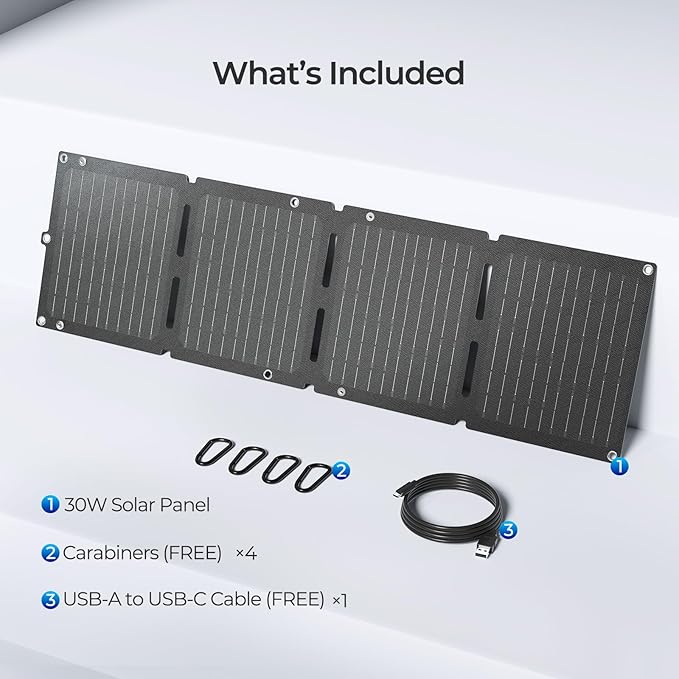 Renogy Solar Panels, 30W Portable Solar Panel Charger, Fast Charging for iPhone, iPad, Tablets, Laptop, Power Bank, with USB-C USB-A DC Ports, IP67 for Camping, Hiking, Backpacking, Outdoor