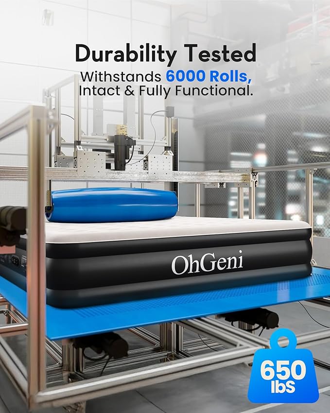 OhGeni Queen Air Mattress with Built in Pump, Ideal Alternative to a Bed, Inflatable Blow Up Mattress 18 Raised Comfort, Upgraded Surface Portable Bed for Home, Camping, Colchone Inflable, 650 lbs