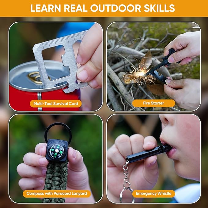 Kids Pocket Knife with Camping Survival Kit, Whistle, Fire Starter, Compass, Carabiners and Carrying Case, Easy Close Safety Lock on Knife. Outdoor Exploration Set for Kids