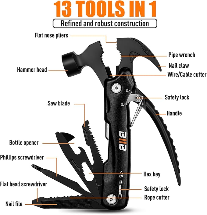 BIIB Gifts for Men, 13 in 1 Hammer Multitool Camping Accessories, Mens Gifts for Dad Him Boyfriend, Anniversary Birthday Gifts for Men Who Have Everything, Camping Survival Gear, Cool Gadgets