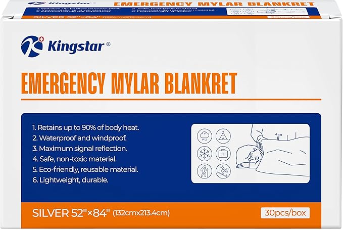 K Kingstar Emergency Blankets 10 Packs, 84" L x 52" W, Bulk Survival Blankets for Disaster Prep & Homeless Care, Heavy-Duty Reusable Mylar Retains Body Heat in Extreme Cold, A Must-Have for Car Kits
