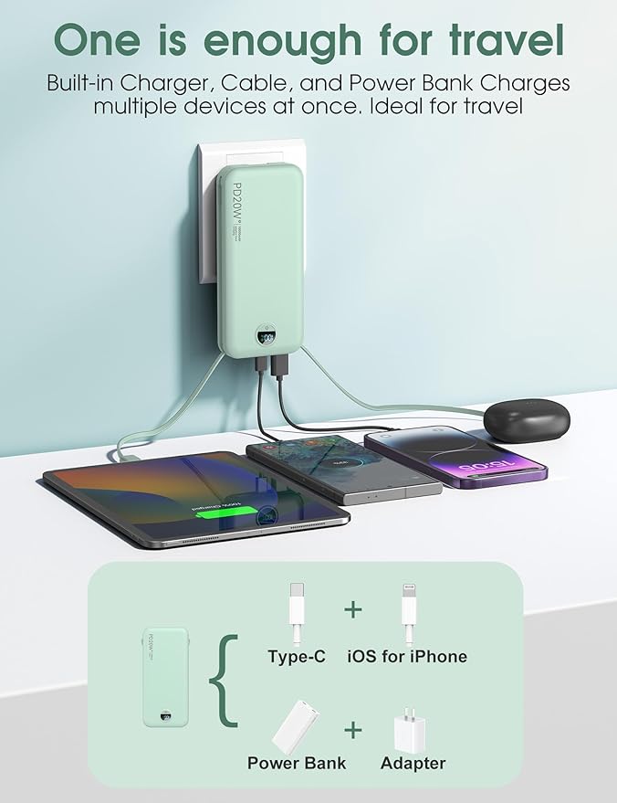 Portable Power Bank, 10000mAh PD20W Phone Charger with Built-in Cables and Wall Plug, USB C Fast Charging Battery Bank with Smart LED Display, External Battery Pack for iPhone, iPad, Samsung etc Green