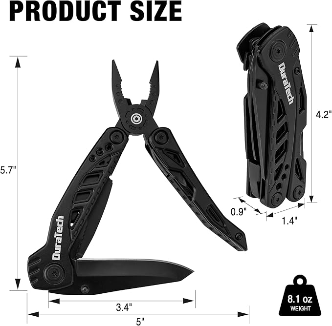 DURATECH 11-in-1 Multitool Knife, Gift for Men, Stainless Steel Multi Tool Pocket Knife with Large Blade, Pliers, Screwdrivers, Saw, EDC Multitool with Oxford Sheath for Outdoor, Camping, Survival