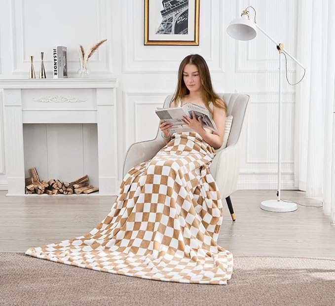 Edenleaf Checkered Blanket Flannel Throw Blankets Soft Cozy Checkered Grid Print Chessboard Gingham Pattern Throws for Bed Sofa Couch for All Seasons, 50x60 Inch, Blonde