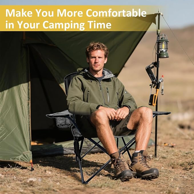 Folding Camping Chair with Cup Holder & Storage Bag, 225lbs Capacity, Large Anti-Sink Feet, Breathable PE Coated Fabric for Outdoor, Hiking, Beach, Fishing, Backpacking, 2PCS Black