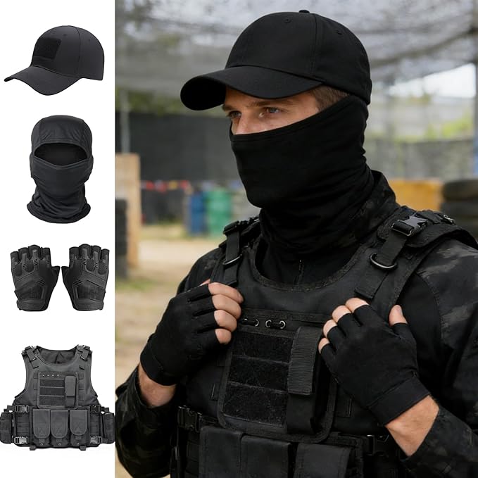 VPZenar Tactical Vest for Men, Airsoft Vest, Black Molle Vest and Cap Protective Equipment, Tactical Airsoft Gear
