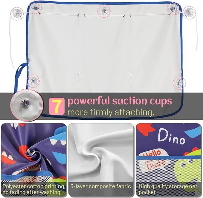 DIZA100 Car Window Shade for Baby, 2 Pack Car Sun Shades with Storage Net Pocket Auto Window Curtain 7 Suction Cups Blue Dinosaurs for Sun/Heat/UV Rays Protection Kids