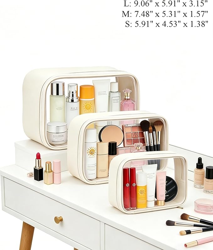 Travel Clear Makeup Bag Set for Women, 3 Pack Travel Size Toiletry Bag with Zipper Small Makeup Pouch for Purse Waterproof Portable Cosmetic Case Compact Car Organizer Storage Bag (Beige Set)