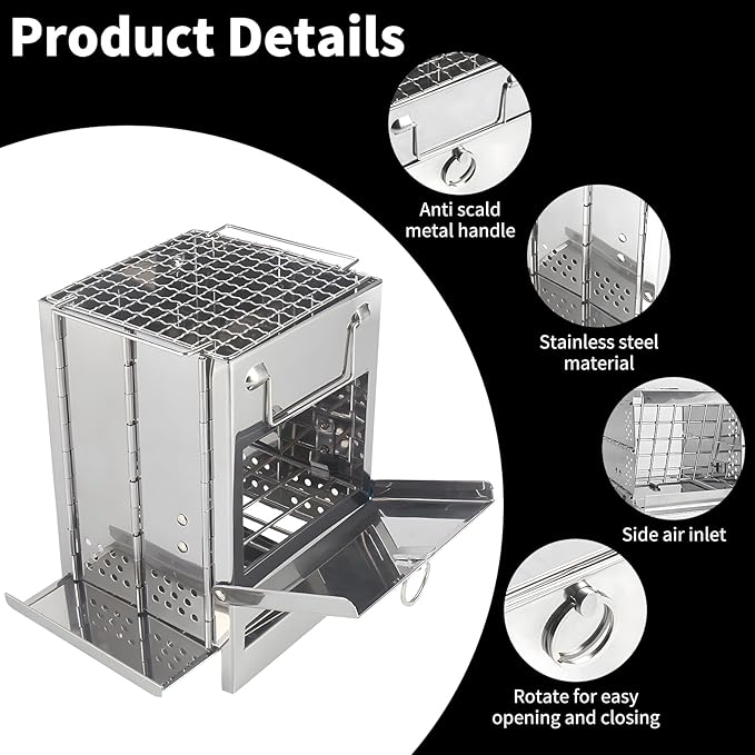 Portable Stainless Steel Outdoor Charcoal Grill, Folding with Cooking Grates and Shelves,Small BBQ Grill for Outdoor Cooking Backyard Camping Picnics Beach,7.9 x 7.9 x 10.7 IN