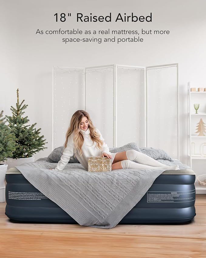 iDOO Queen Air Mattress with Built in Pump, 18 Raised Comfort Inflatable Blow up Mattress, Upgraded Support Structure Portable Air Bed for Camping, Guests and Home, Colchon Inflable, 650lbs Max