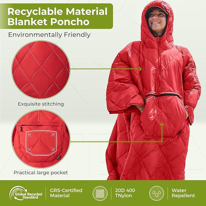 ATEPA Wearable Sleeping Bag, Recycled Water-Resistant Camping Blanket Poncho, Ultralight Packable Stadium Blanket for Outdoor