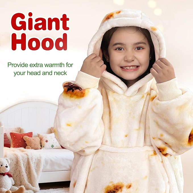 Waitu Wearable Blanket for Kids, Wearable Blanket Hoodie Gifts for Teens Girls and Boys, Warm Blanket Sweatshirt for Teenage, Thick Flannel Hoodie Blanket with Sleeves - Burritos