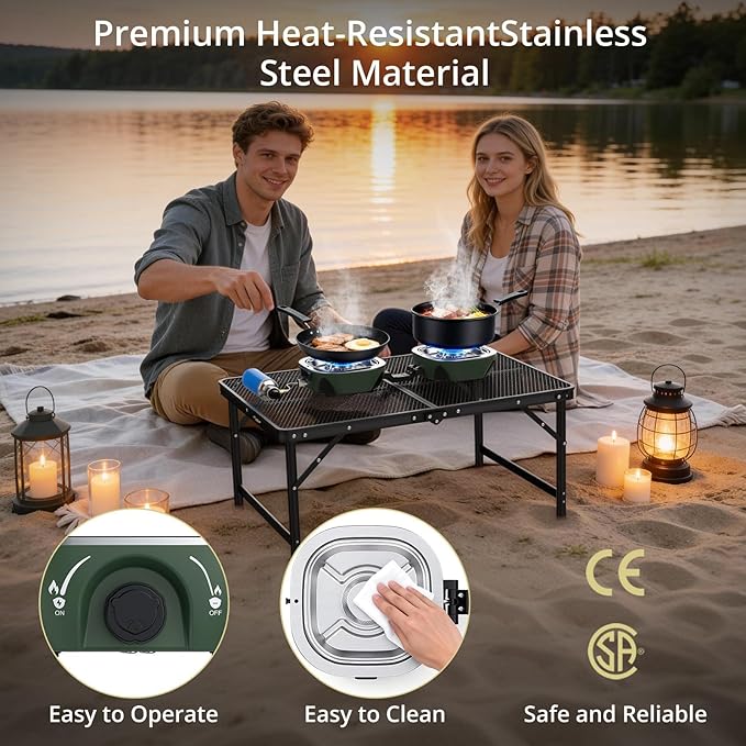 Anbte 20.6" Wide Spacing Propane Camping Stove, Folding Camping Stove with Adjustable Burners & Storage bag, Portable Handle for Outdoor Cooking Beach RV Travel BBQ Tailgating & Emergency Use, Green