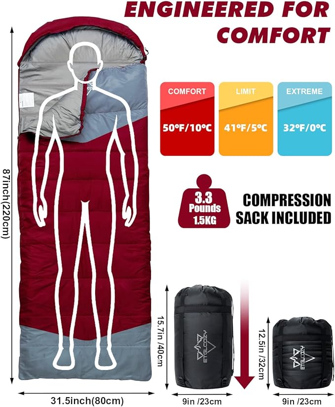 Lightweight 3-Season Sleeping Bag for Adults/Kids Camping, Compact w/Compression Sack, Waterproof Ripstop, Portable for Backpacking Hiking Travel