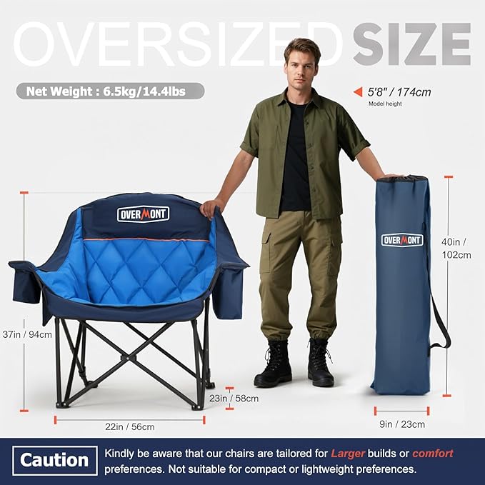 Overmont Oversized XL Camping Chair for Adults - 400lbs Support Heavy-Duty Padded Folding Chair with Side Pocket Cup Holder Cooling Bag for Outdoor Sports Garden Beach Fishing Lawn Blue