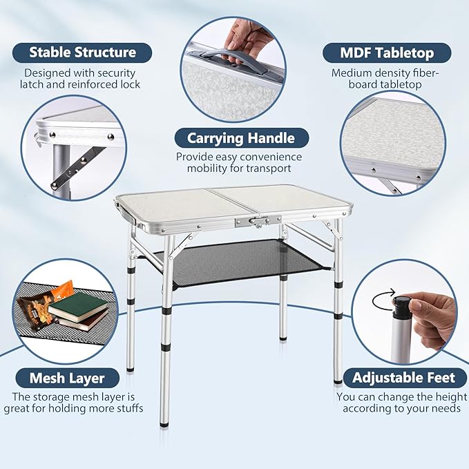YihuiKo Folding Picnic Table, Small Camping Table with Adjustable Heights, Portable Lightweight Aluminum Side Table for Office, Beach, Garden, Travel