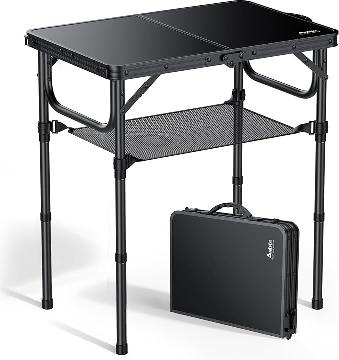 Anbte 2ft Folding Camping Table with Storage Net, 3 Adjustable Heights Small Folding Table Lightweight & Portable with Carry Handle, for Camping, Fishing, Picnic, Beach, Outdoor, 22.8" x 15.7", Black