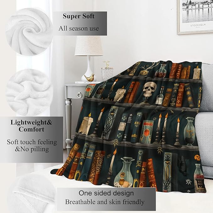 Gothic Book Blanket Vintage Books & Skull Throw Blankets Gifts for Girls Women Adults Lightweight Soft Fleece Cozy for Sofa Couch Bed Room Travel Halloween Party Goth Decor 50x60in